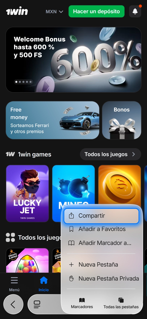 Abre 1win en Safari y usa el botón compartir para comenzar a añadir la plataforma a tu pantalla.