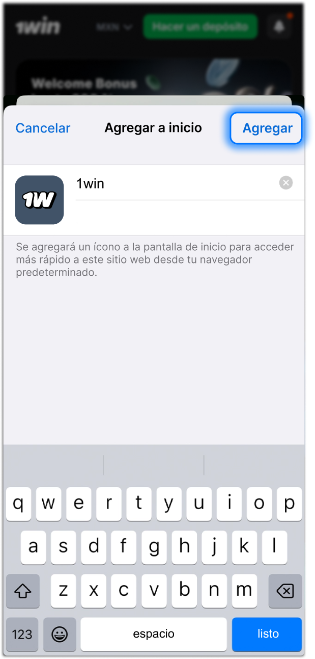Confirma la instalación de 1win y accede rápidamente desde el ícono que aparece en tu pantalla.