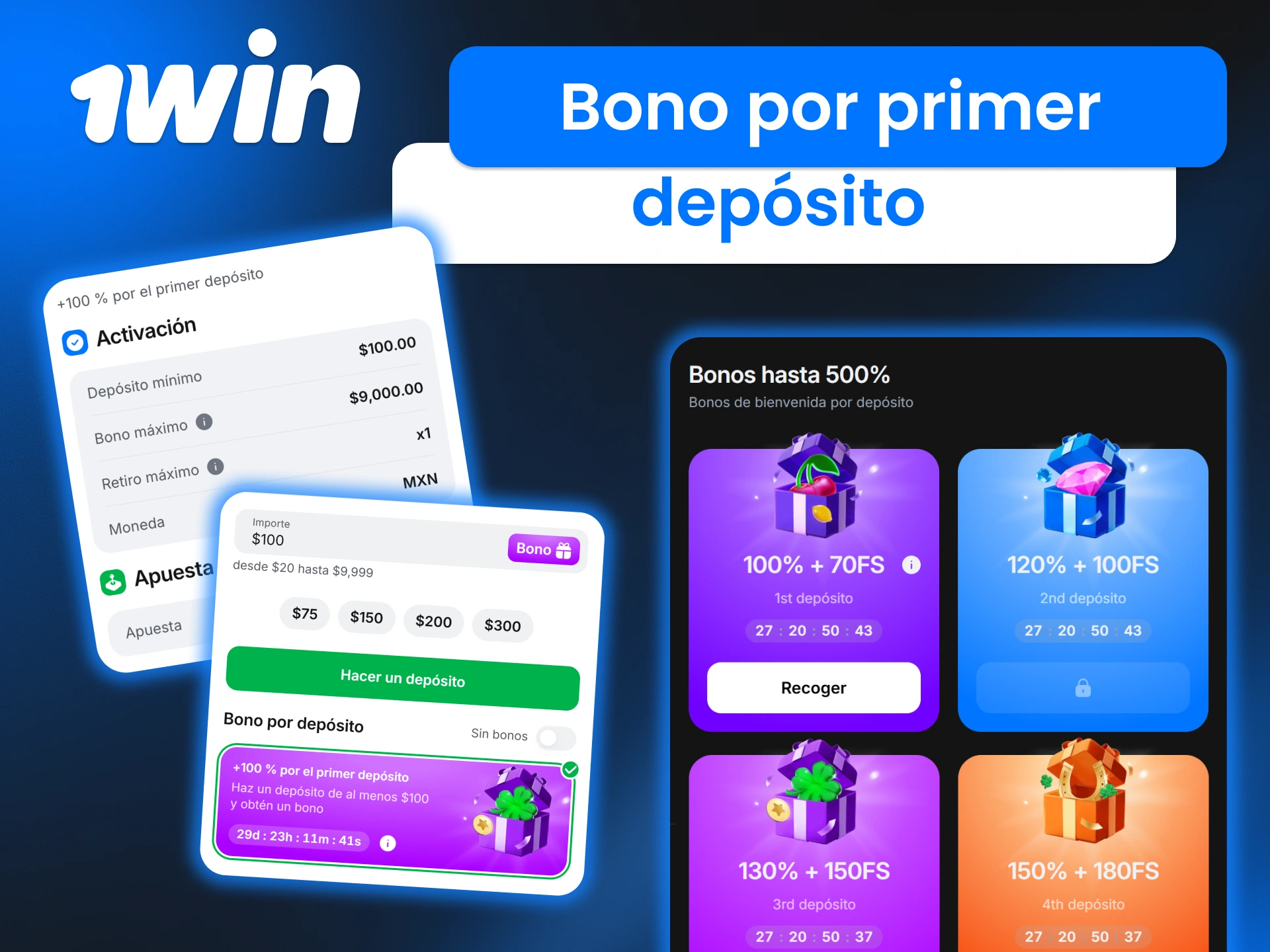 Activa el bono por primer depósito en 1win y empieza a jugar con saldo adicional y giros gratis.