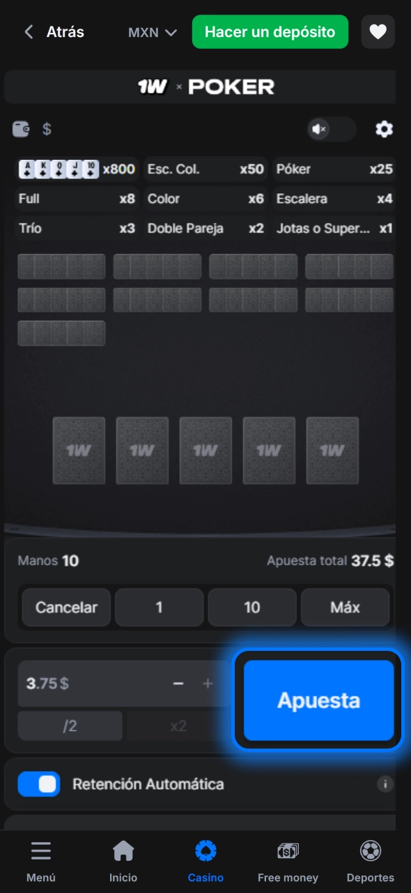 Confirma tu asiento en 1win y empieza la partida disfrutando una mesa de póker online.