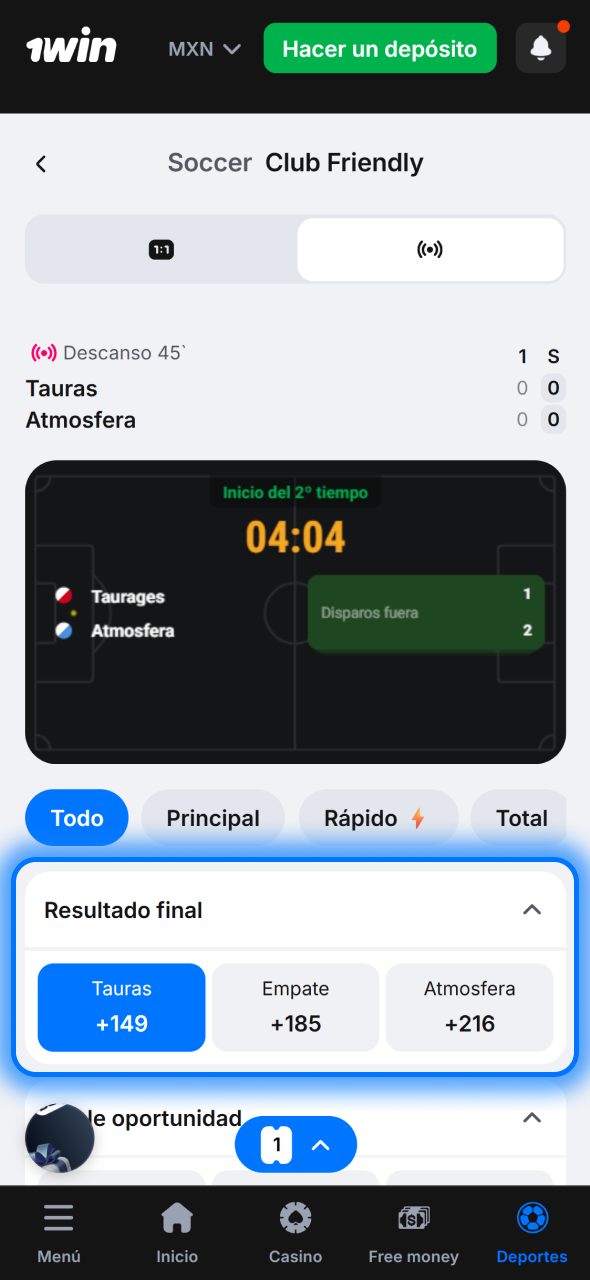 Selecciona la cuota en 1win y abre tu boleto de apuesta fácilmente para apostar en segundos.