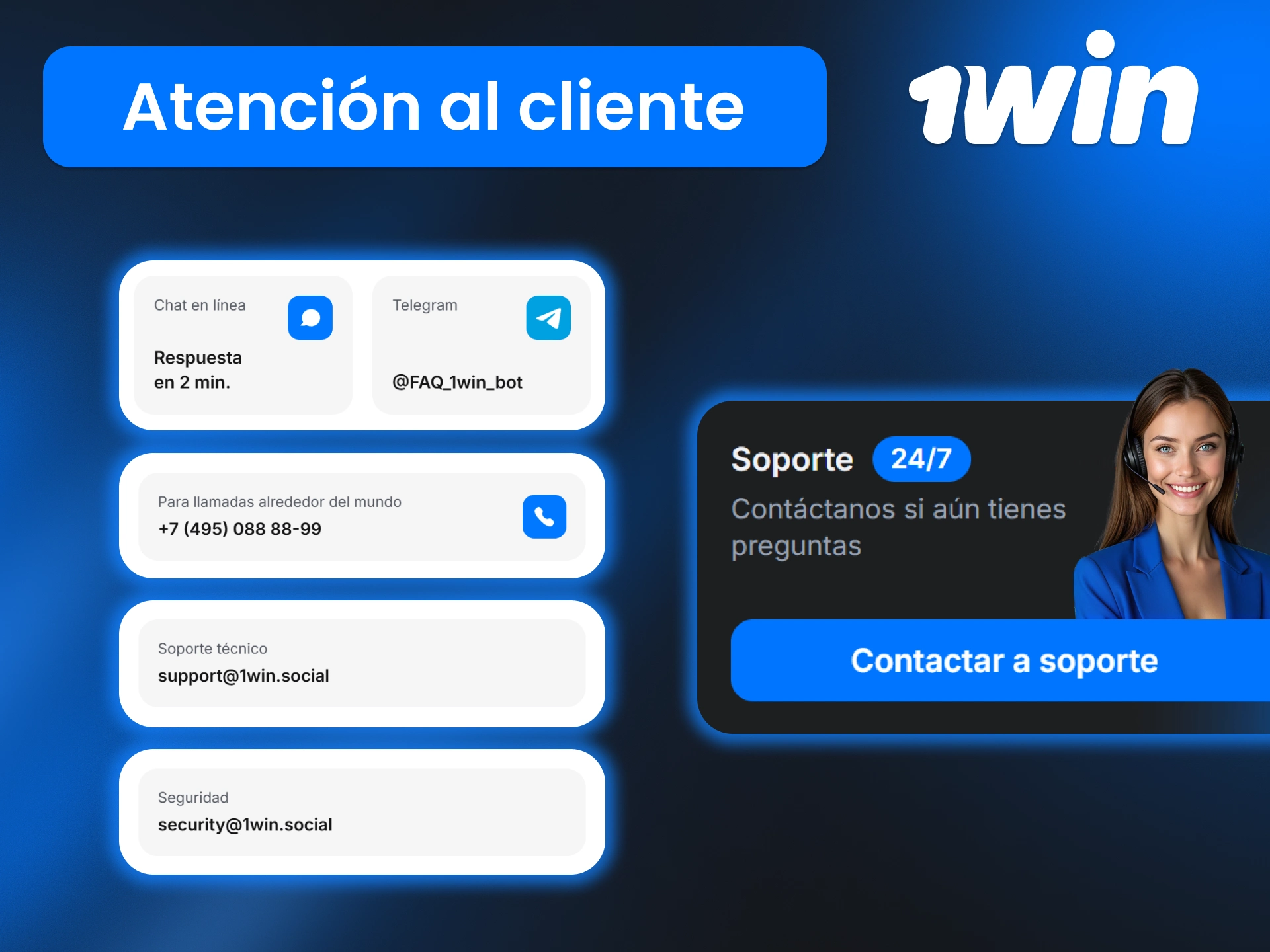 Contacta con 1win México 24/7 y recibe soporte profesional por chat, correo, teléfono o Telegram para resolver tus dudas.