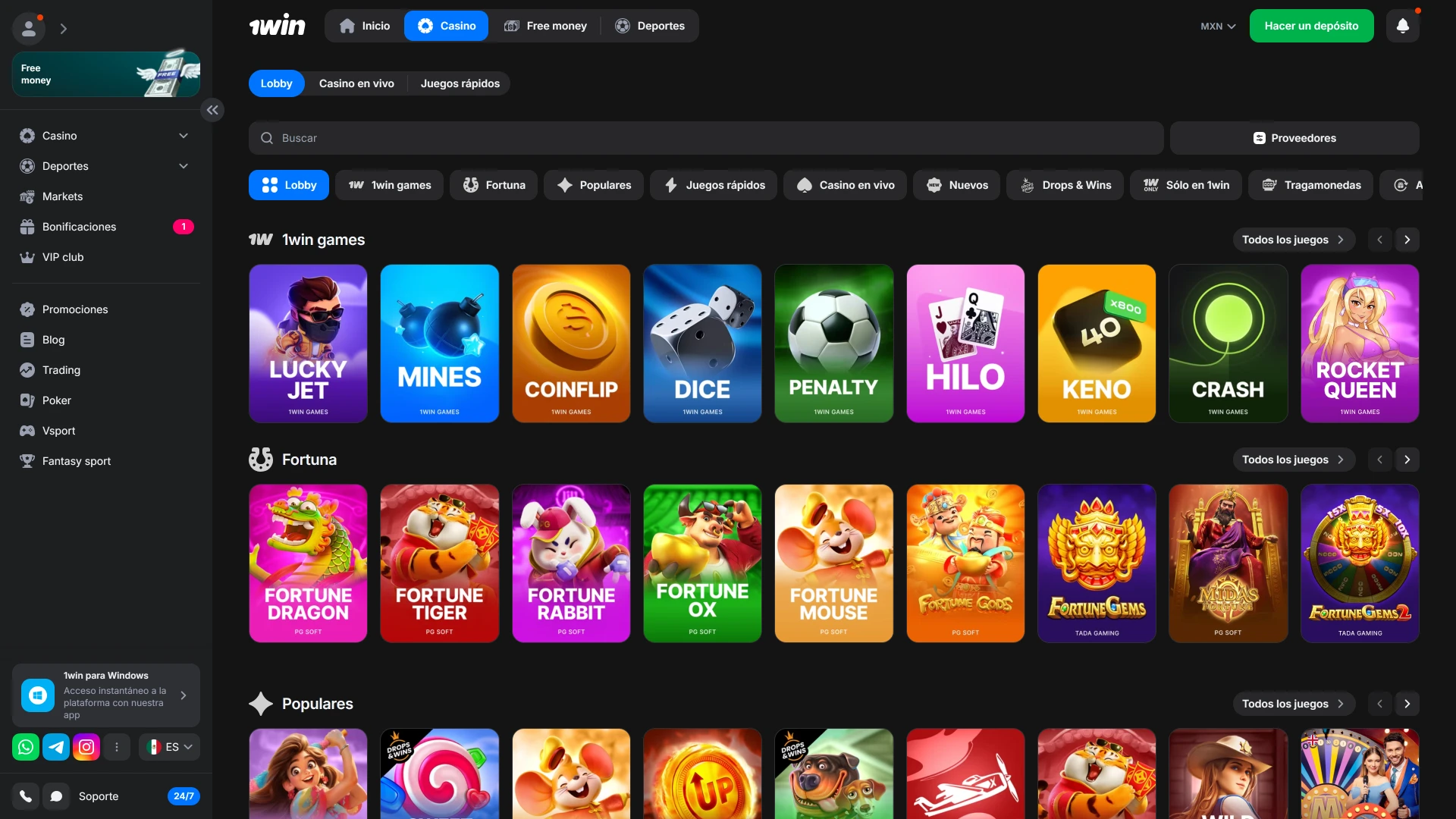 Explora la interfaz de casino de 1win y empieza a jugar con acceso rápido a una gran variedad de juegos.