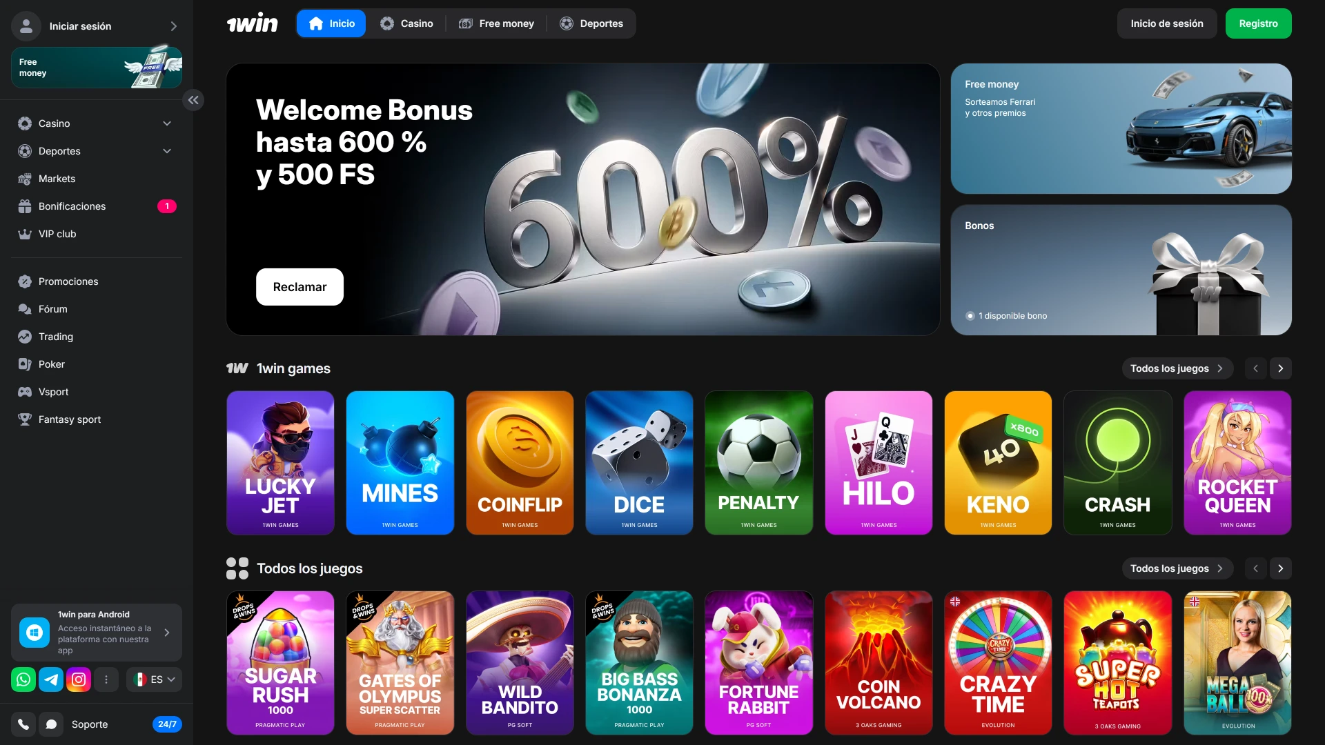Interfaz de inicio en 1win con navegación intuitiva y acceso rápido a apuestas deportivas y juegos de casino.