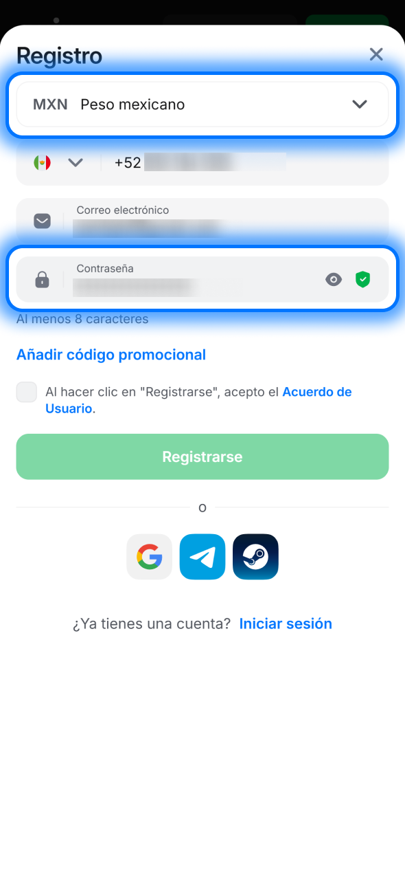 Elige la moneda en 1win y crea una contraseña segura para proteger tu cuenta y empezar a jugar.
