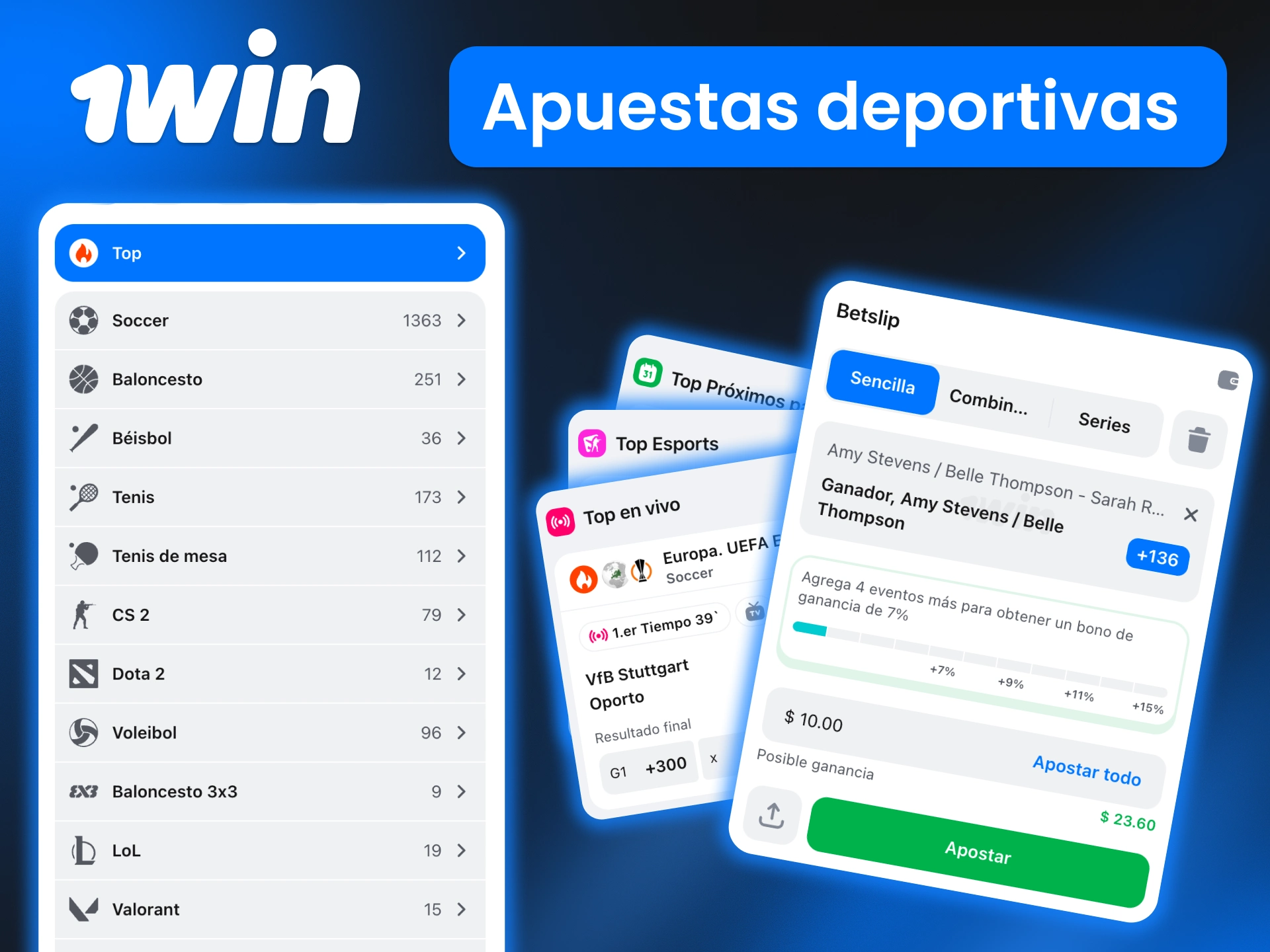 Prueba las apuestas deportivas de 1win y apuesta en fútbol, tenis, eSports y muchos otros eventos con cuotas competitivas.